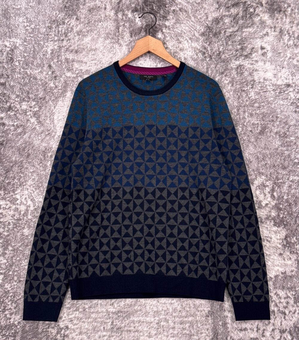 Ted Baker Sweater 5 / XL Mens Blue Wool Crewneck Geometric Knit